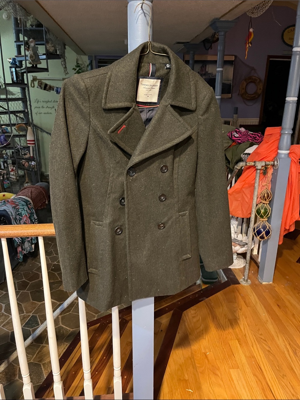 Tommy Hilfiger Olive Green Double-Breasted Pea Coat